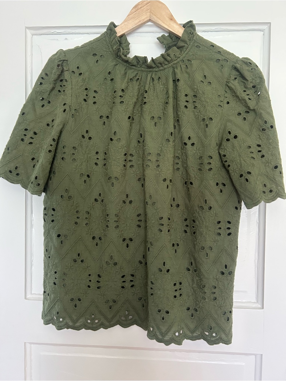 Olive Eyelet Ruffle-Neck Short Sleeve Blouse